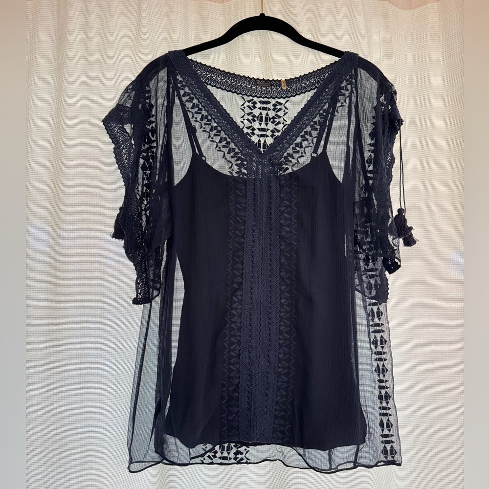 Elie Tahari Sheer Navy Lace Blouse (M)